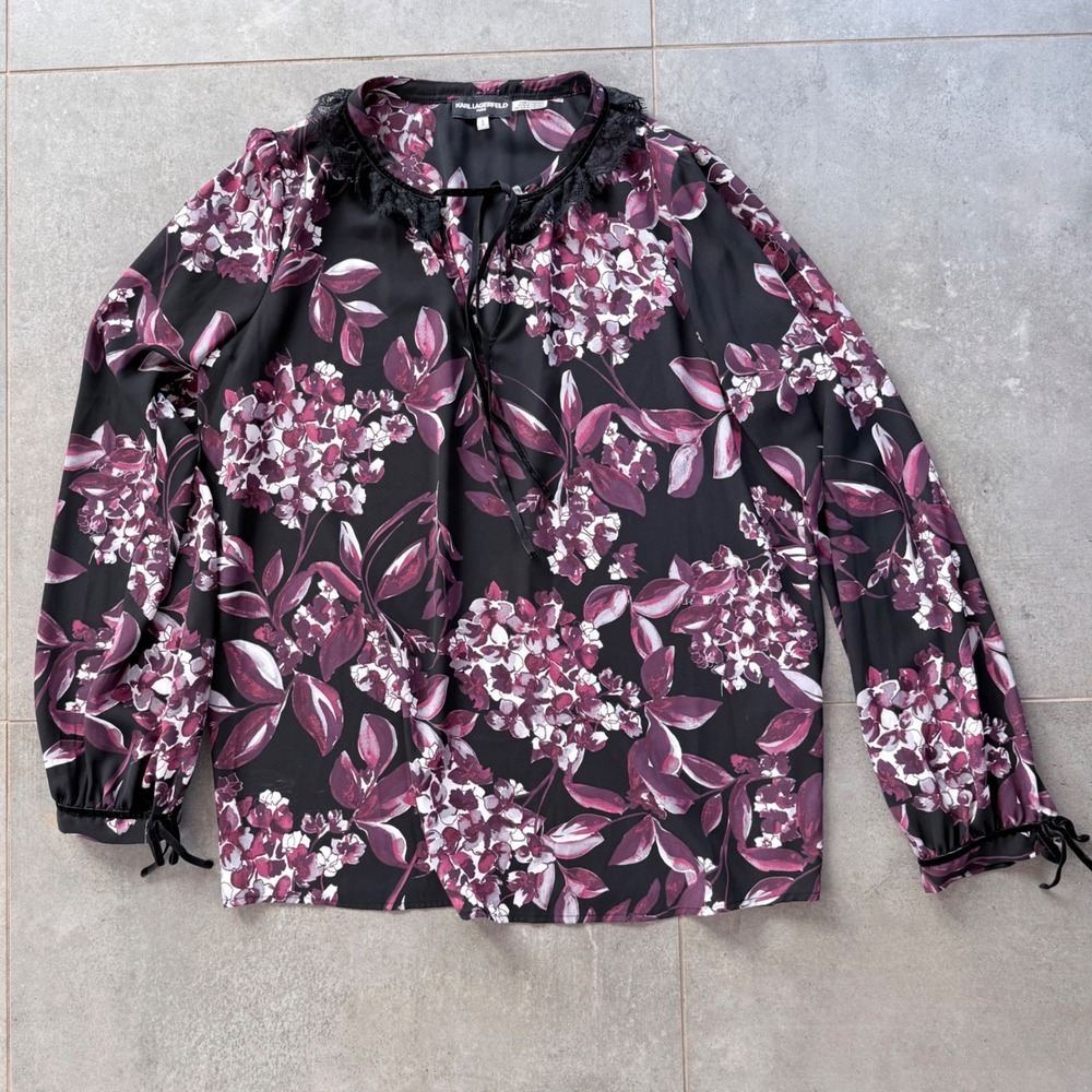 Karl Lagerfeld Paris Floral Blouse Womens L Black Purple Excellent Lace Velvet